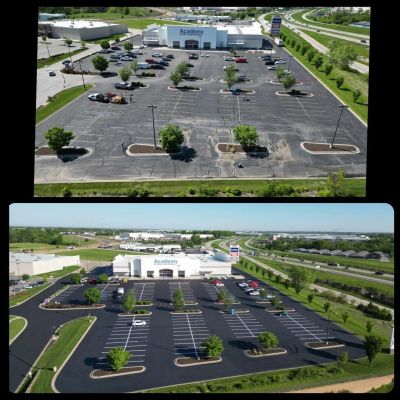 Before and after images of a parking lot resurfacing project at an Academy store.