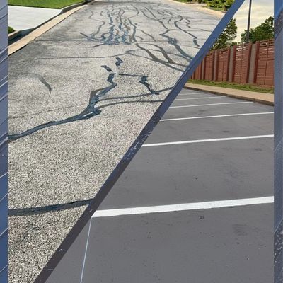 Comparison of cracked, aged pavement and newly resurfaced parking lot.