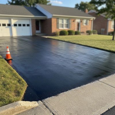 Freshly sealed black driveway in front of a suburban house.