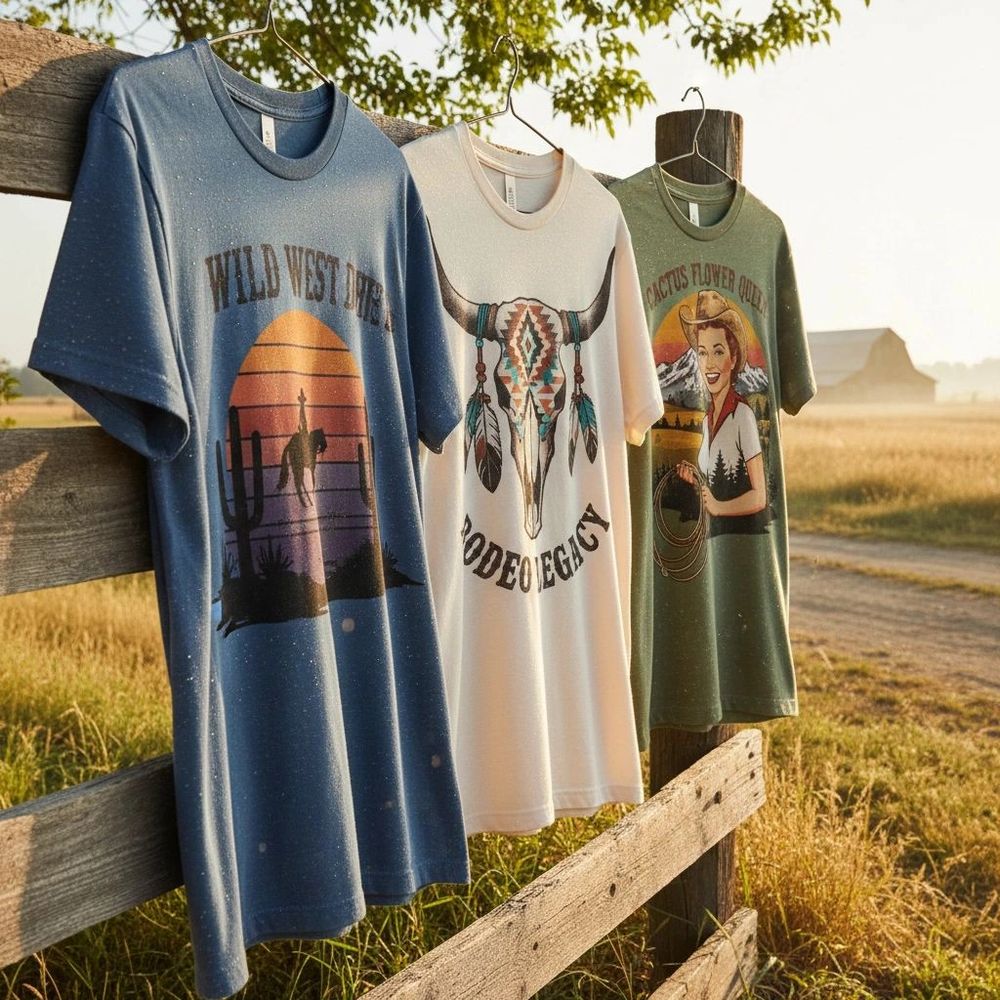 Three Western-themed T-shirts hanging on a rustic wooden fence at sunset.