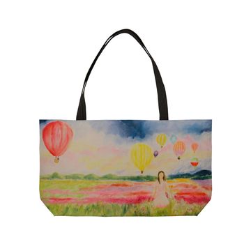 Weekender Tote with Skye+Fam art of hot air balloons in a wildflower meadow (cover of Family book)  