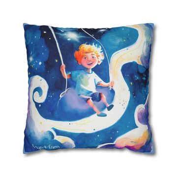 Pillow with art of boy swinging from the clouds from Skye+Fam book Me and the Universe