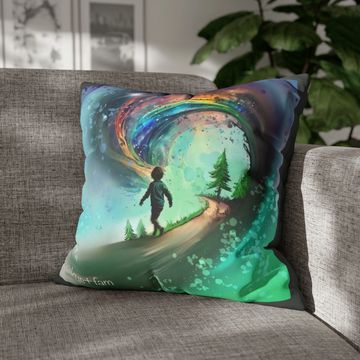 Pillow with art of boy walking into a rainbow swirl universe from Skye+Fam book Me and the Universe