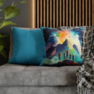 Pillow with art of triumphant family of 5 hiking up mountain from Skye+Fam book Me and the Universe