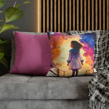 Pillow with art of girl on ship deck looking into universe from Skye+Fam book Me and the Universe