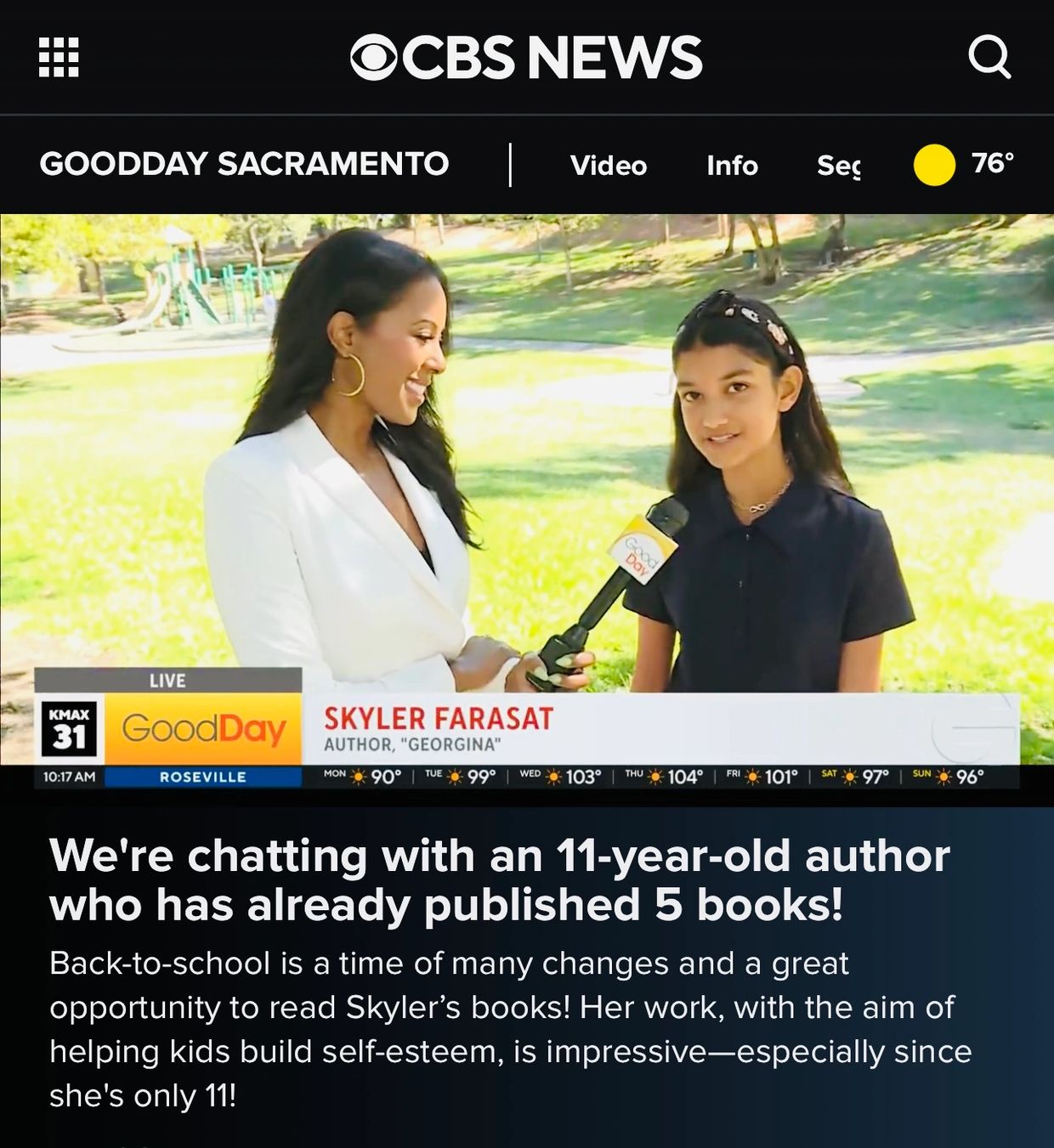 Skyler Farasat on CBS News featuring her new book 'GEORGINA'