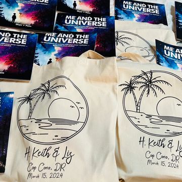 100 Wedding Welcome Totes carrying Skyler Farasat's book Me and the Universe as guest welcome gifts