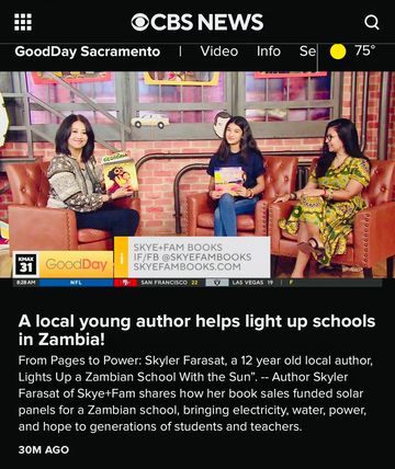 Skyler Farasat interviewed on CBS News for donating solar to Zambian school from her book sales 