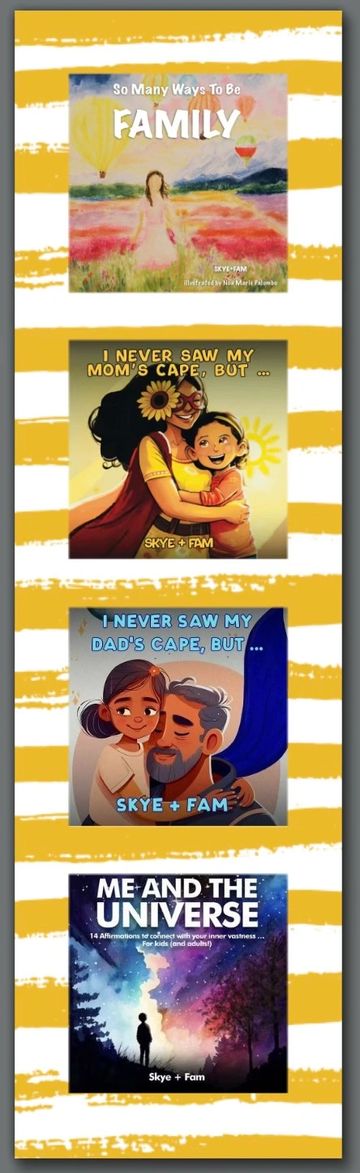 Artfully illustrated Skye+Fam bookmark depicting family books related to self-esteem & mindfulness