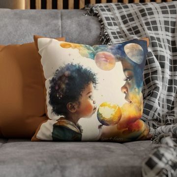 Pillow with art of boy looking up at mom who is his universe from Skye+Fam book Me and the Universe