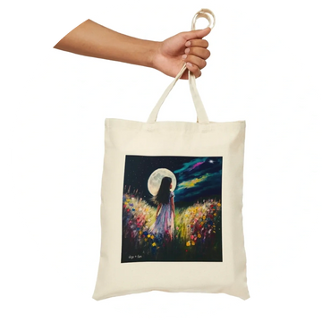 Canvas tote with art of girl in a meadow under full moon sky from Skye+Fam book Me and the Universe