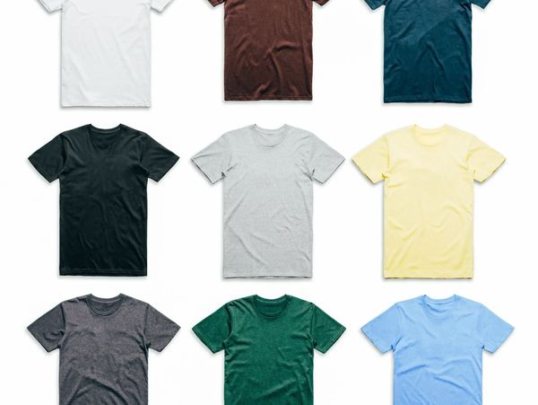 Nine plain t-shirts in various colors arranged in a 3x3 grid.