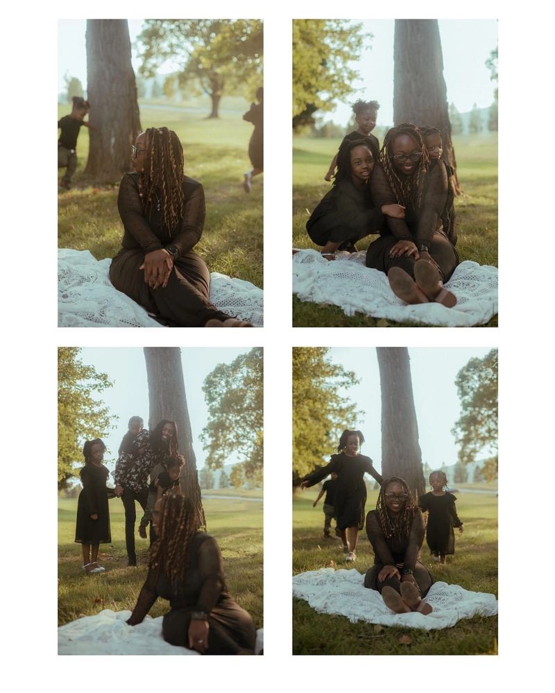 4 pictures of Elizabeth with her 3 children and their father in front of a large tree at a park.
