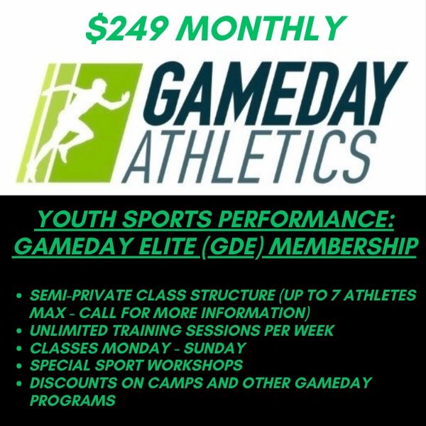 Gameday Athletics offers a $249 monthly youth sports performance membership with unlimited training and workshops.