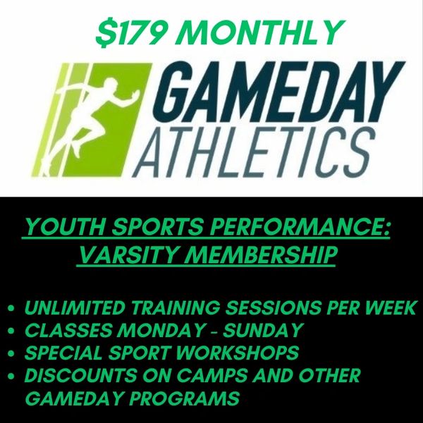 Gameday Athletics offers $179 monthly varsity membership with unlimited youth sports training sessions.