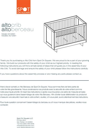 Spot On Square Alto Crib Model # AC 14001 