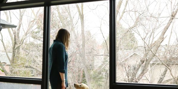Person with dog by a large window.