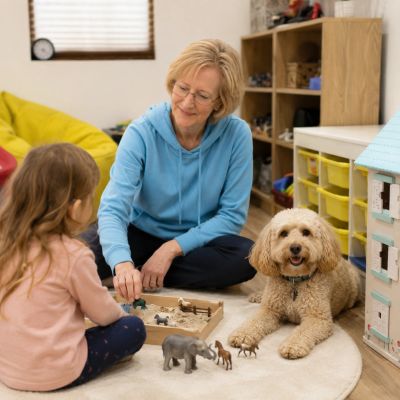 Woman and child playing with toy animals and dog.