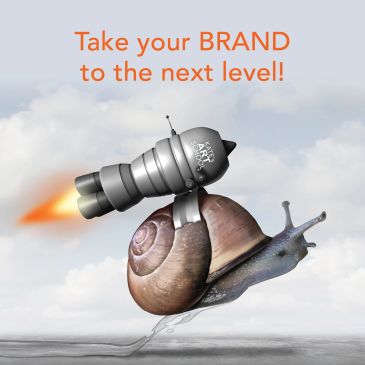 Snail with rocket booster and branding message.