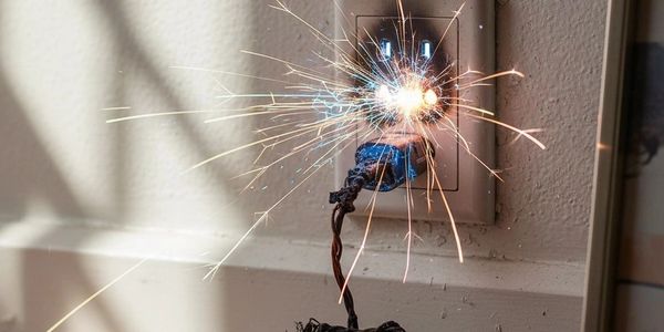 Sparking electrical outlet with exposed wires causing fire hazard.