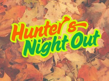 Hunter's Night Out text over autumn leaves.