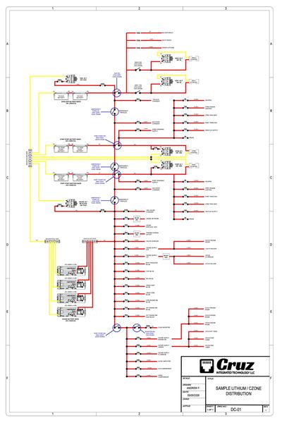 Electrical distribution diagram for lithium/ozone system with color-coded wiring and multiple connections.