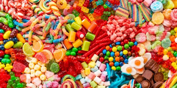 Colorful assortment of various candies and sweets.