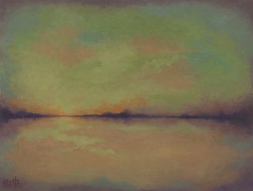 Abstract landscape with muted green and yellow hues.