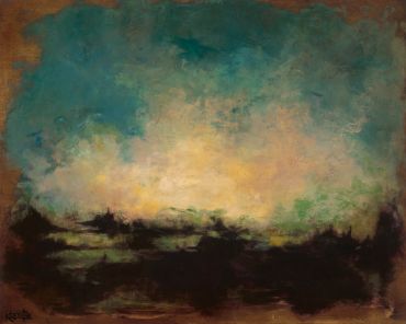 Abstract landscape with dark foreground and sky blending blue and yellow hues.