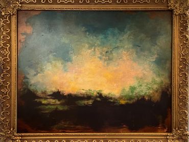 Abstract landscape painting with a dark foreground and colorful sky.