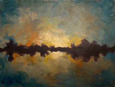 Abstract landscape with reflection on water at sunset.