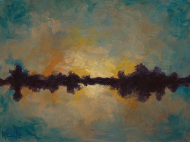Abstract painting of a sunset reflected on water.