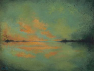 Serene landscape with soft clouds reflected on calm water.
