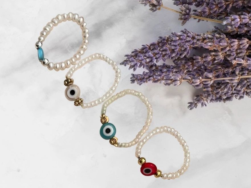 Authentic Sea Pearl Ring with Flat Evil Eyes and SS or Gold Accents