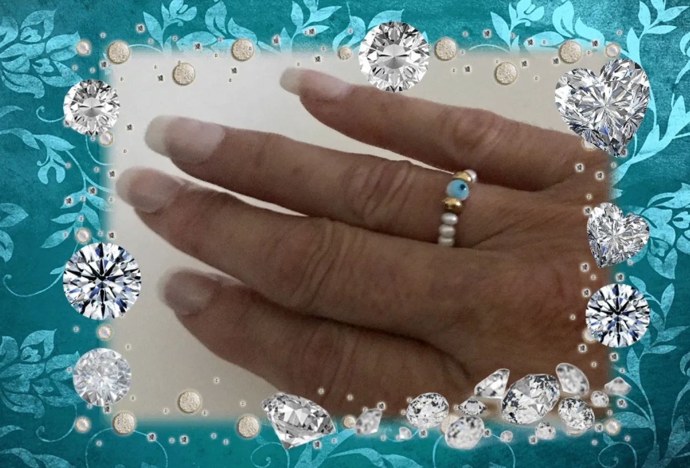 Authentic Seed Pearl Ring with Gold Spacers and Round Evil Eye