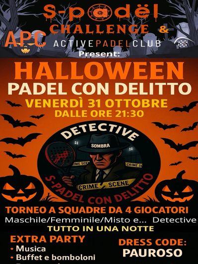 Locandina per la festa in maschera di Halloween padel. Divertente serata tra gioco e investigazione 