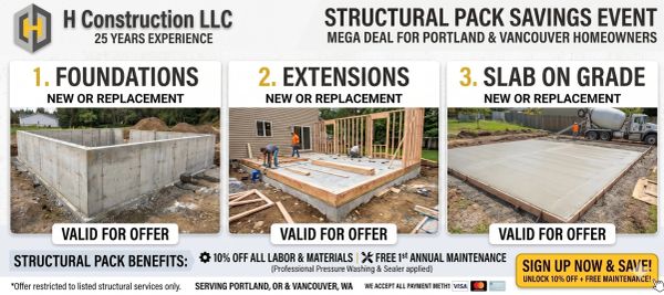 Promo for construction services: foundations, extensions, slab on grade with savings.