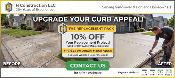 Advertisement for driveway replacement with 10% off and free maintenance by H Construction LLC.