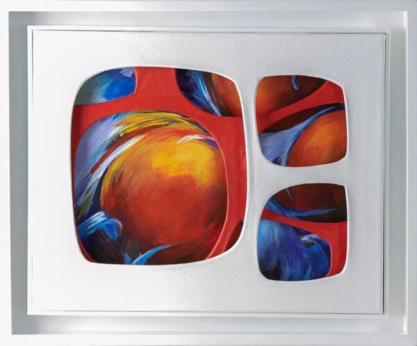A vibrant abstract artwork inspired by nature and the human experience. Rich reds, oranges, and blue