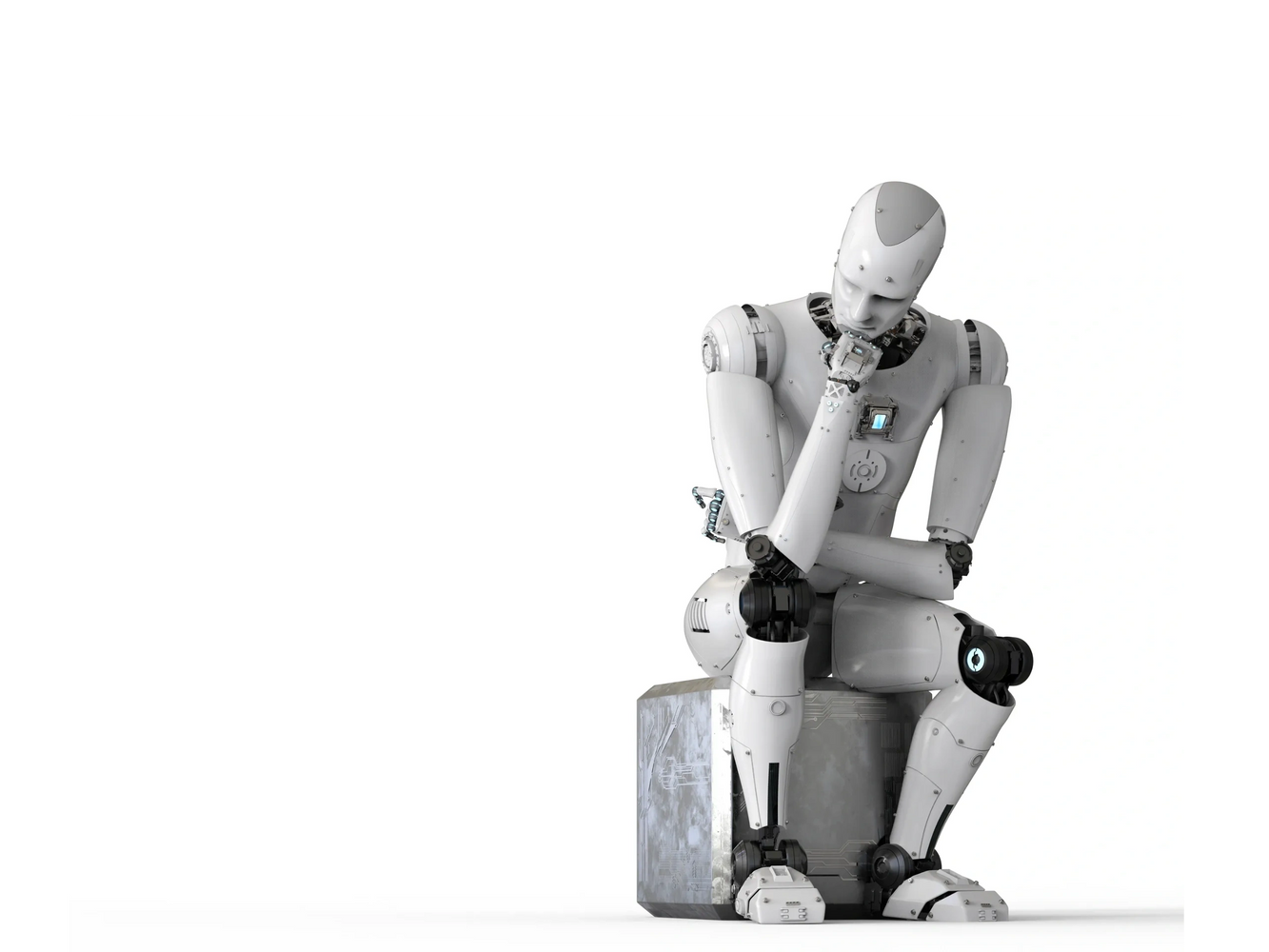 A humanoid robot in a thinking pose sitting on a cube.