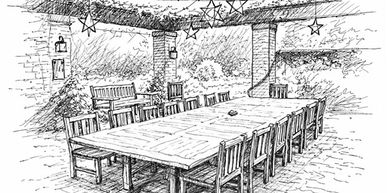 Sketch of an outdoor courtyard with table and chairs.