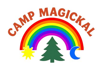 Colorful Camp Magickal logo with rainbow, tree, sun, and moon.