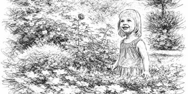 Sketch of a happy young girl standing among bushes and flowers.