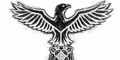 Black ink drawing of an eagle with spread wings and intricate details.