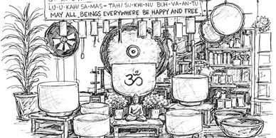 A detailed black-and-white drawing of a spiritual altar with candles, plants, and a Buddha statue.
