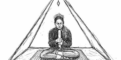 Person meditating inside a pyramid structure with a crown and candle.