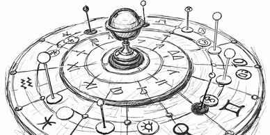 A detailed sketch of an astrological or astronomical model with zodiac symbols.