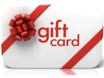A white gift card with red ribbon and bow.