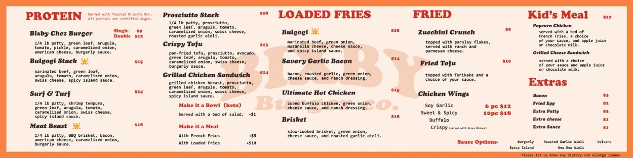 Burger menu with proteins, loaded fries, fried items, kid's meals, and extras.