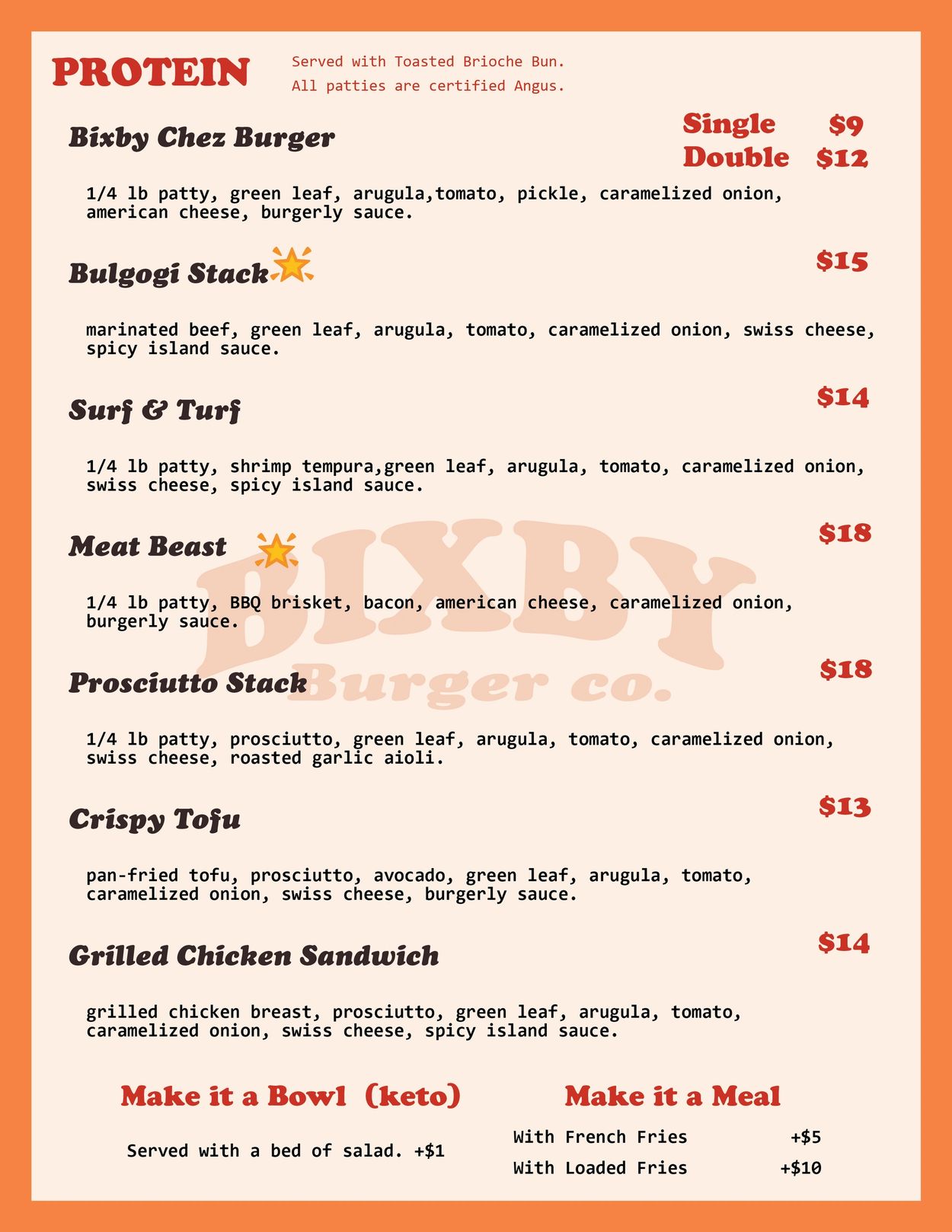 Menu showing various burgers with prices and ingredients at Bixby Burger Co.